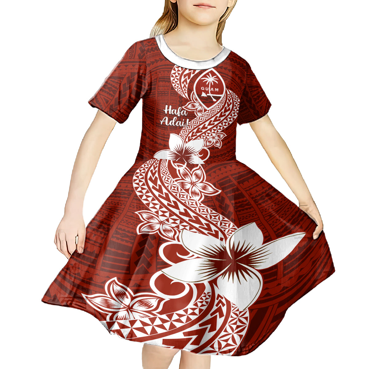 Hafa Adai Guam Kid Short Sleeve Dress Polynesian Floral Red Pattern LT01 - Polynesian Pride