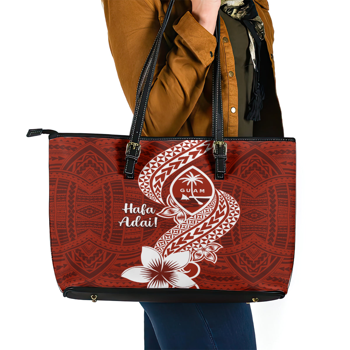 Hafa Adai Guam Leather Tote Bag Polynesian Floral Red Pattern LT01 - Polynesian Pride