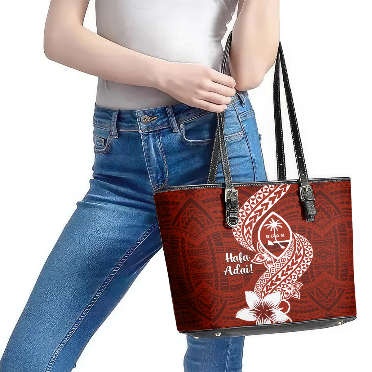 Hafa Adai Guam Leather Tote Bag Polynesian Floral Red Pattern LT01 - Polynesian Pride