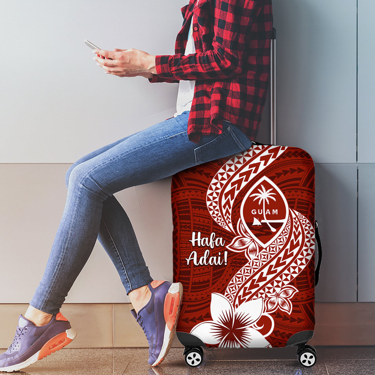 Hafa Adai Guam Luggage Cover Polynesian Floral Red Pattern LT01 - Polynesian Pride