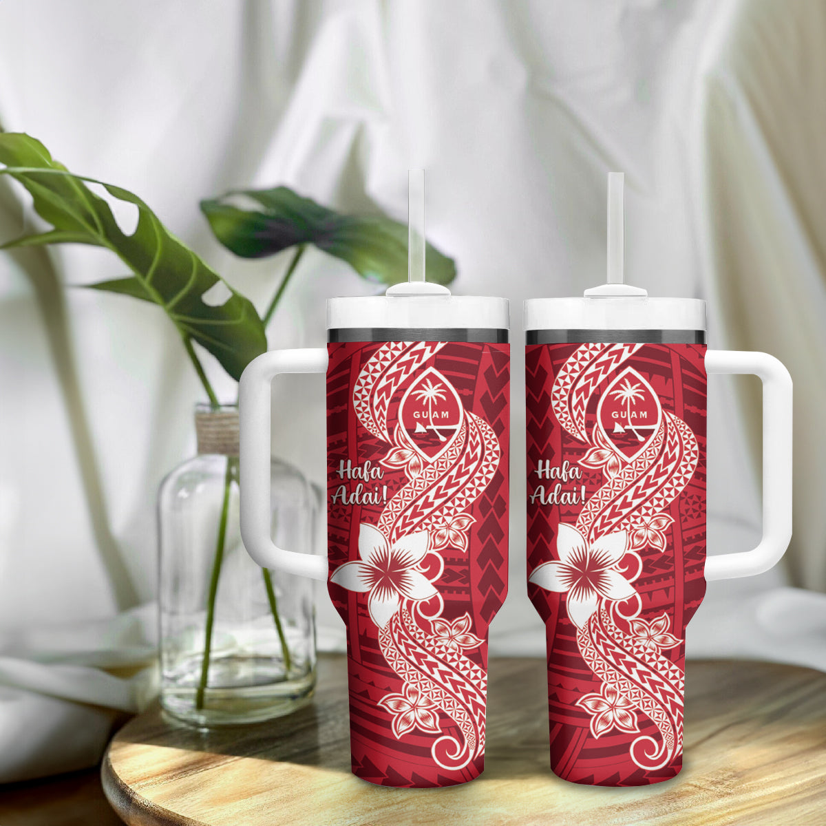 Hafa Adai Guam Tumbler With Handle Polynesian Floral Red Pattern LT01 - Polynesian Pride