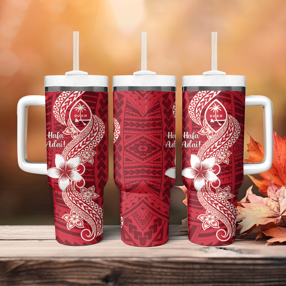 Hafa Adai Guam Tumbler With Handle Polynesian Floral Red Pattern LT01 - Polynesian Pride