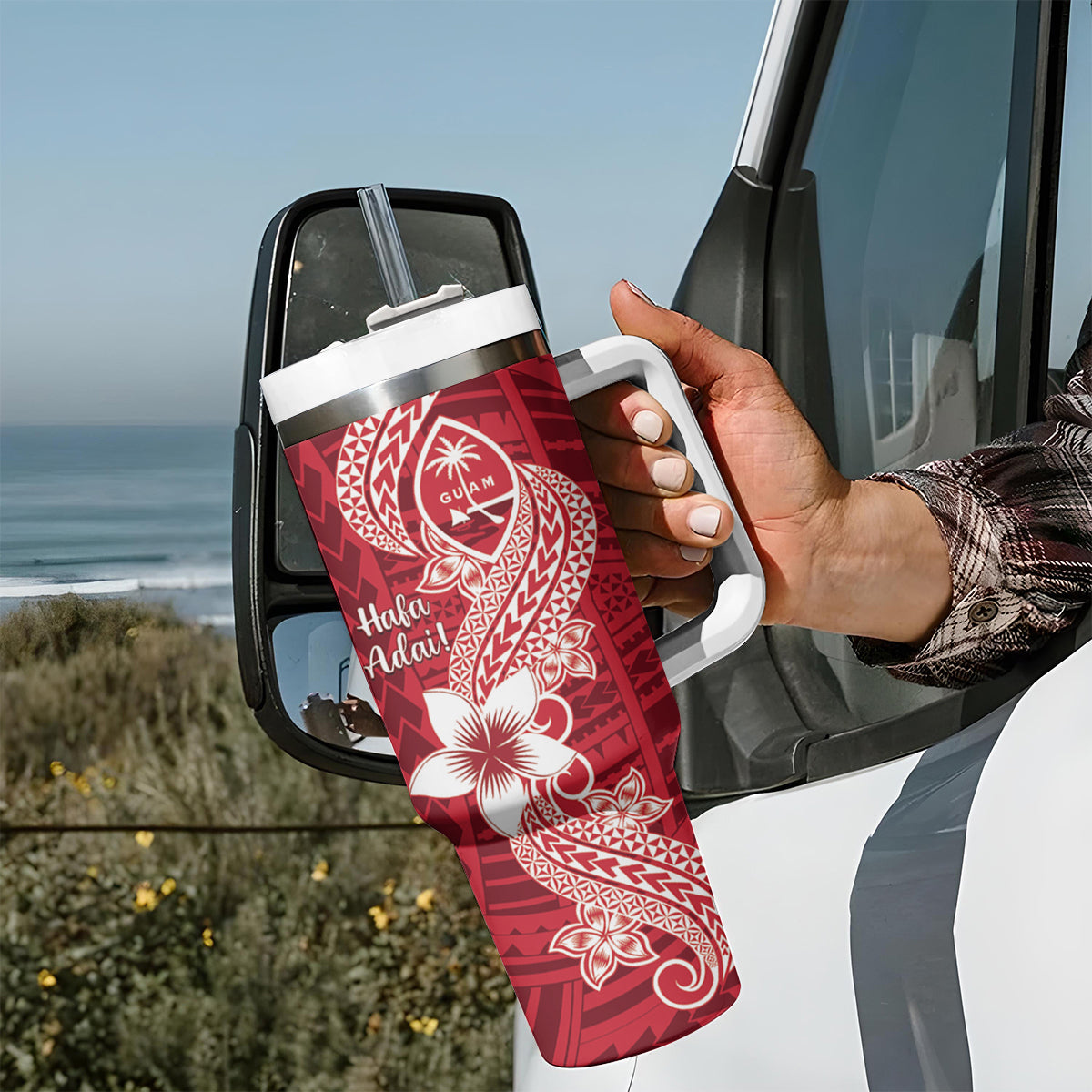 Hafa Adai Guam Tumbler With Handle Polynesian Floral Red Pattern LT01 - Polynesian Pride
