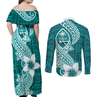 Hafa Adai Guam Couples Matching Off Shoulder Maxi Dress and Long Sleeve Button Shirt Polynesian Floral Teal Pattern LT01 - Polynesian Pride