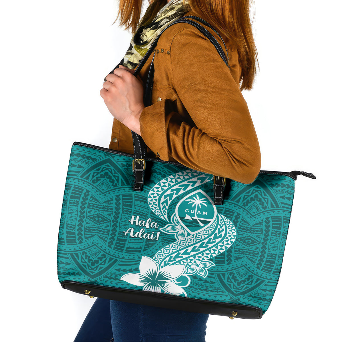 Hafa Adai Guam Leather Tote Bag Polynesian Floral Teal Pattern LT01 Teal - Polynesian Pride