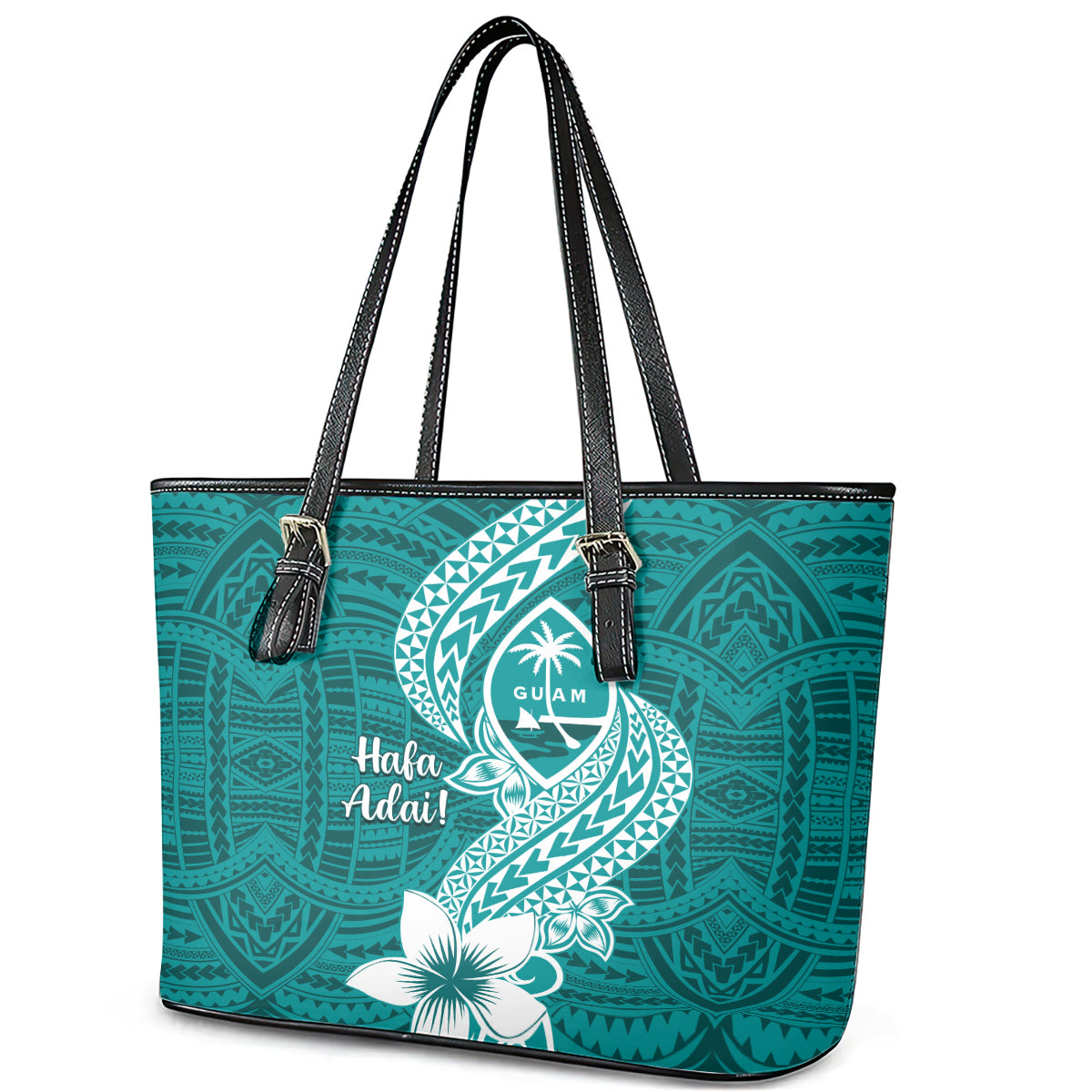 Hafa Adai Guam Leather Tote Bag Polynesian Floral Teal Pattern LT01 - Polynesian Pride