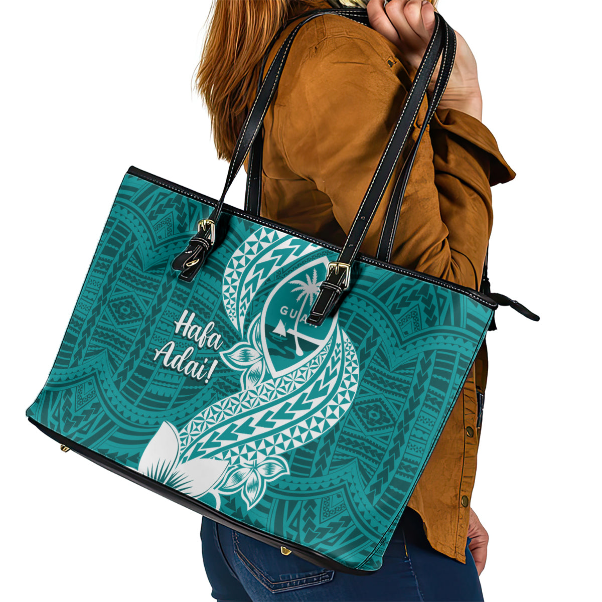 Hafa Adai Guam Leather Tote Bag Polynesian Floral Teal Pattern LT01 - Polynesian Pride