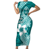 Hafa Adai Guam Short Sleeve Bodycon Dress Polynesian Floral Teal Pattern LT01 Long Dress Teal - Polynesian Pride