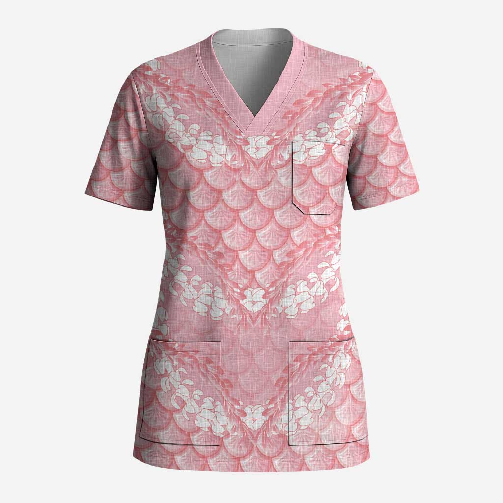 Soft Pink Mermaid Puakenikeni Maile Lei Scrub Top LT01 Adult Pink - Polynesian Pride