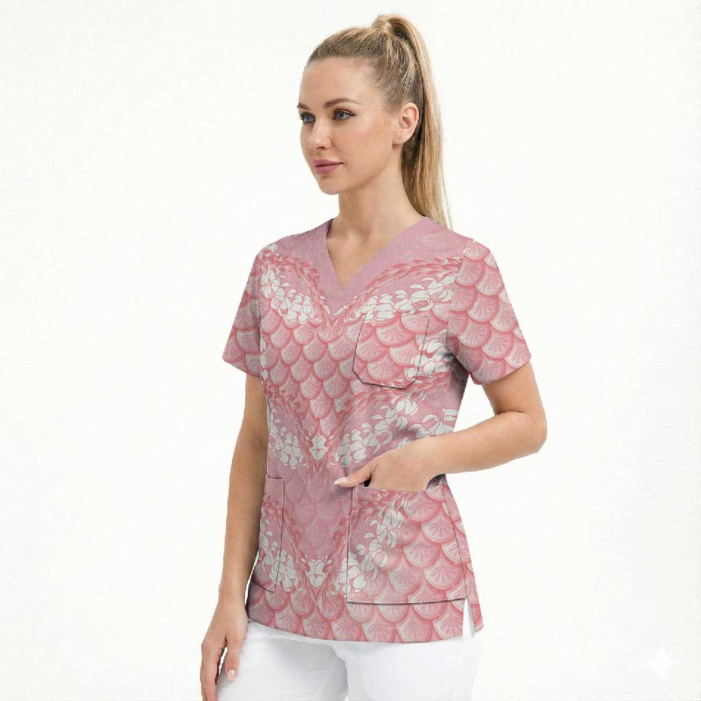 Soft Pink Mermaid Puakenikeni Maile Lei Scrub Top LT01 - Polynesian Pride