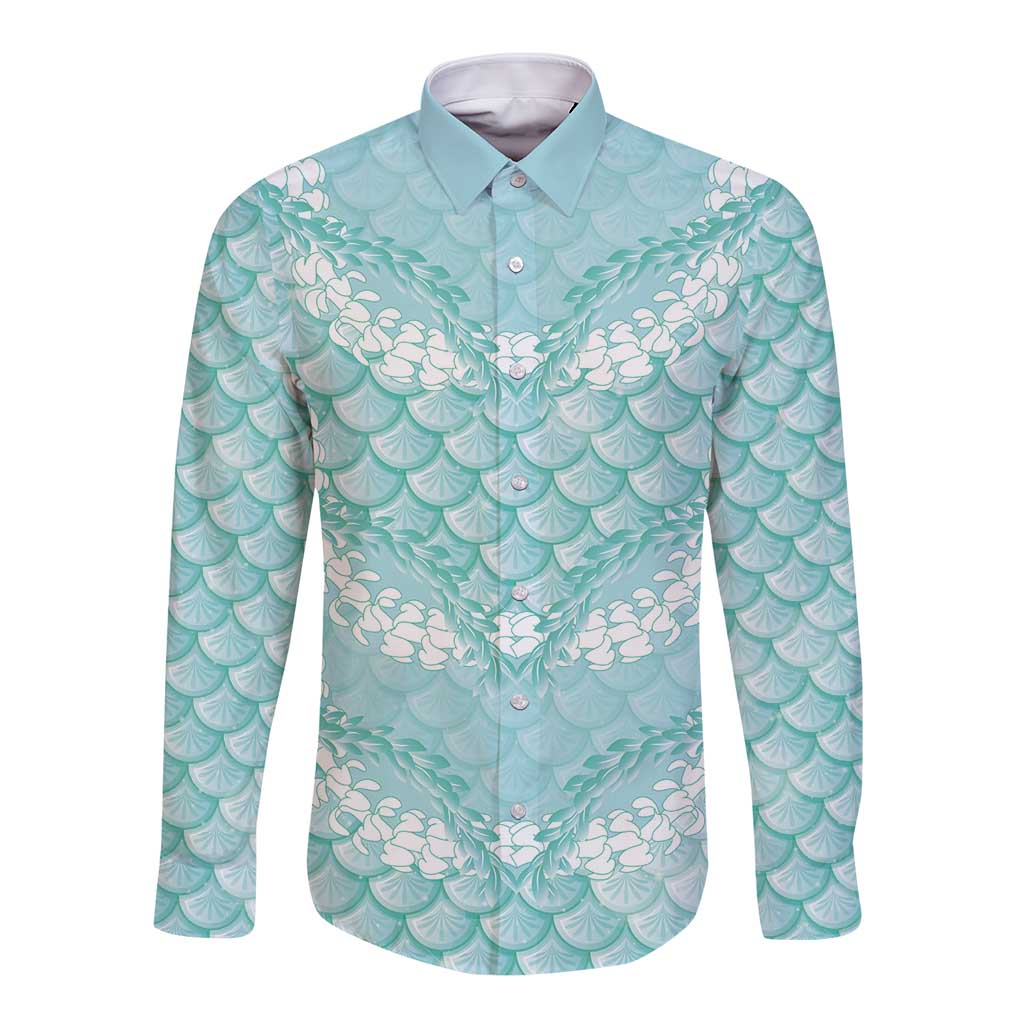 Light Turquoise Mermaid Puakenikeni Maile Lei Long Sleeve Button Shirt LT01 Unisex Turquoise - Polynesian Pride