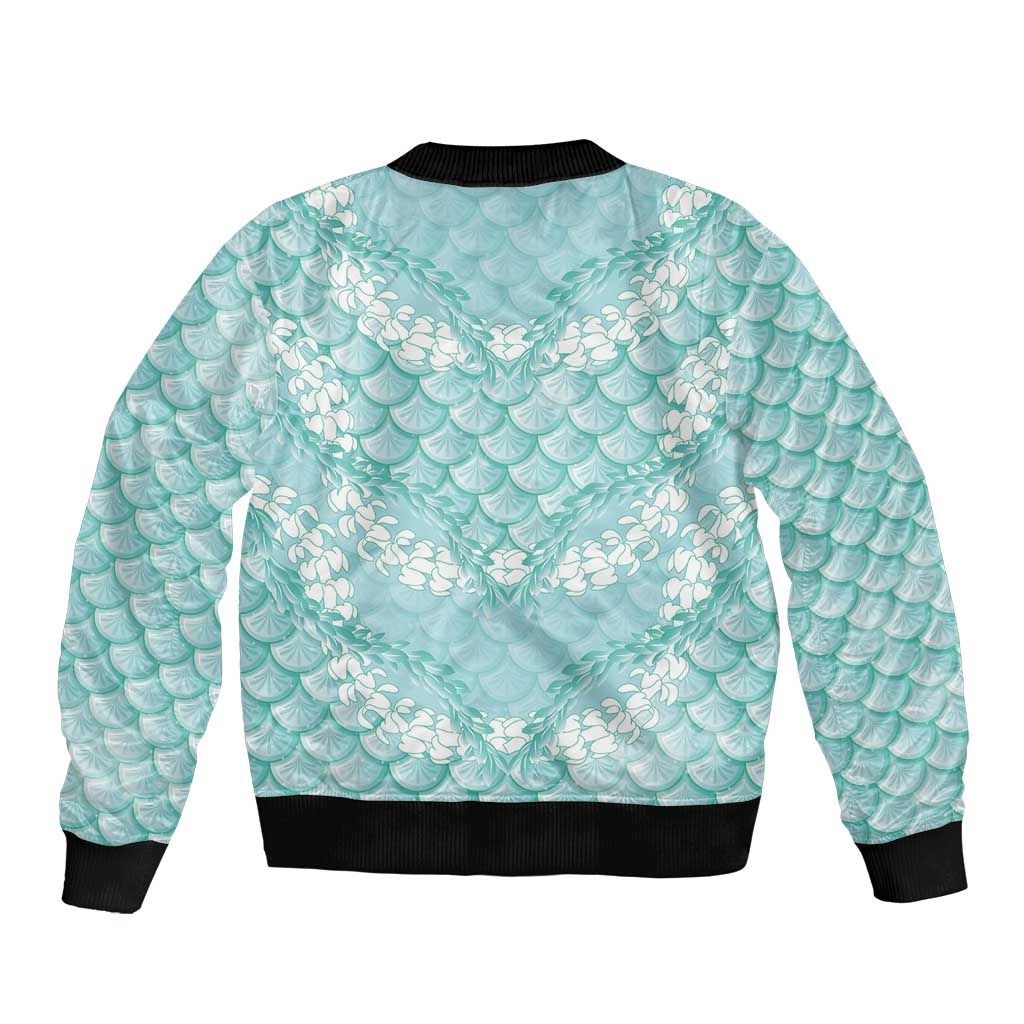 Light Turquoise Mermaid Puakenikeni Maile Lei Sleeve Zip Bomber Jacket LT01 - Polynesian Pride
