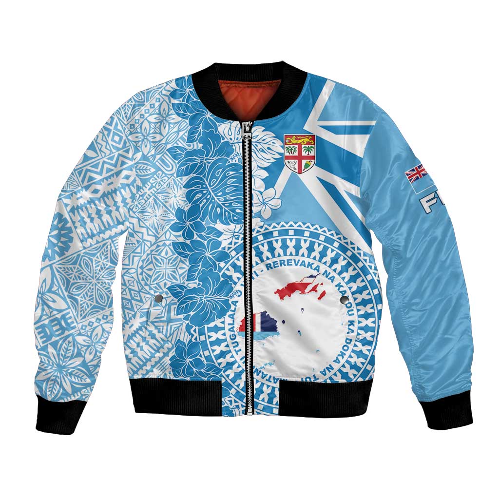 Personalised Fiji Day Bomber Jacket Fijian Map Hibiscus Tapa Pattern LT01 Unisex Blue - Polynesian Pride
