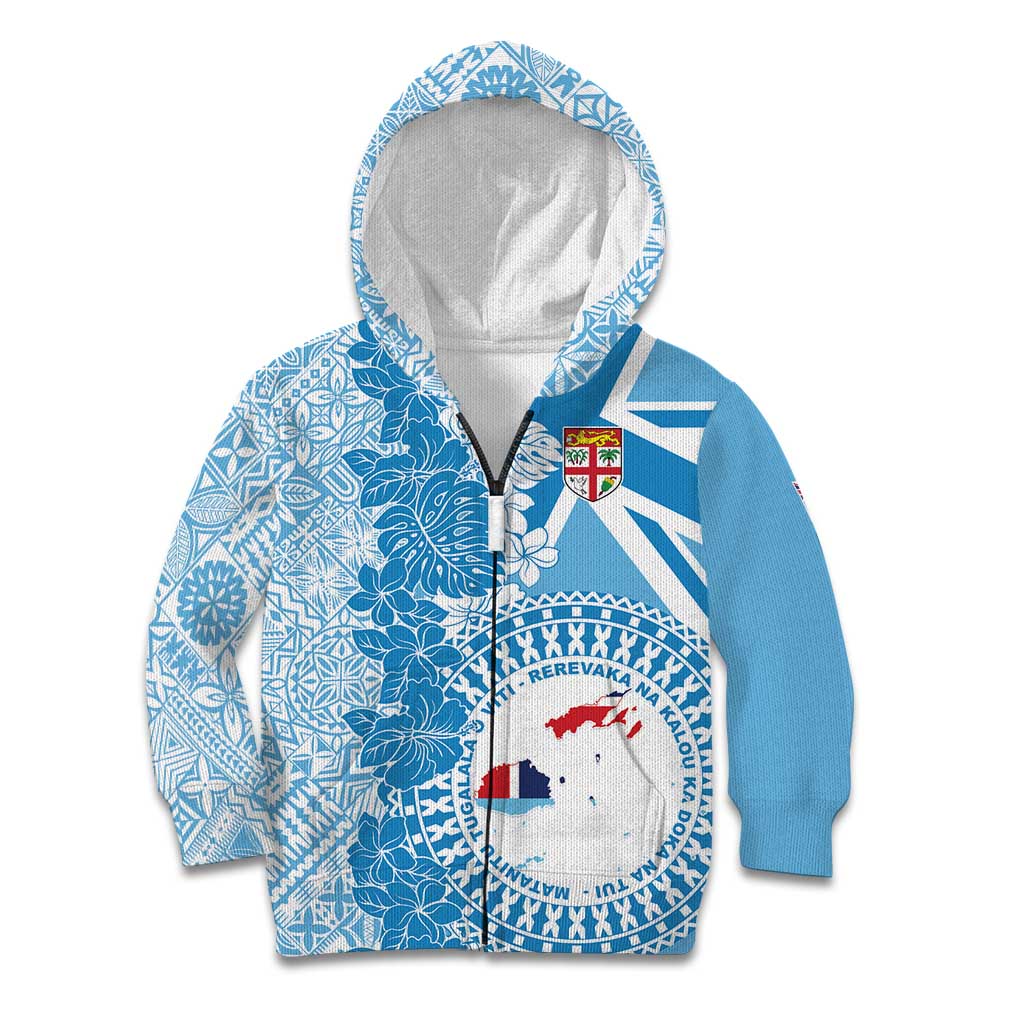 Personalised Fiji Day Kid Hoodie Fijian Map Hibiscus Tapa Pattern LT01 Zip Hoodie Blue - Polynesian Pride