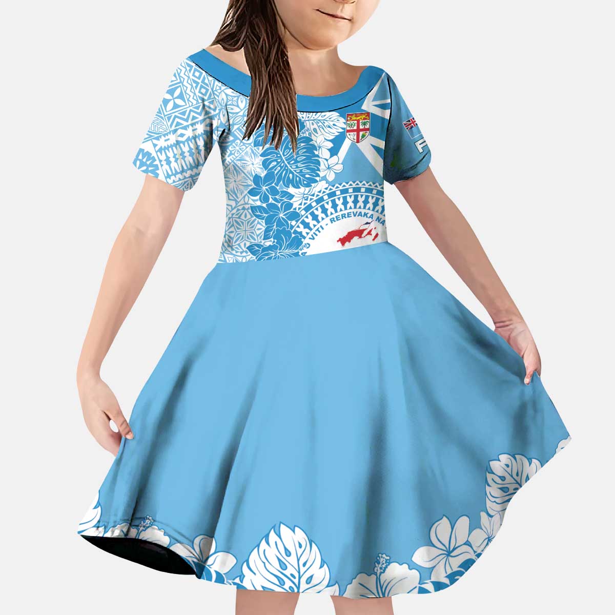 Personalised Fiji Day Kid Short Sleeve Dress Fijian Map Hibiscus Tapa Pattern LT01 KID Blue - Polynesian Pride