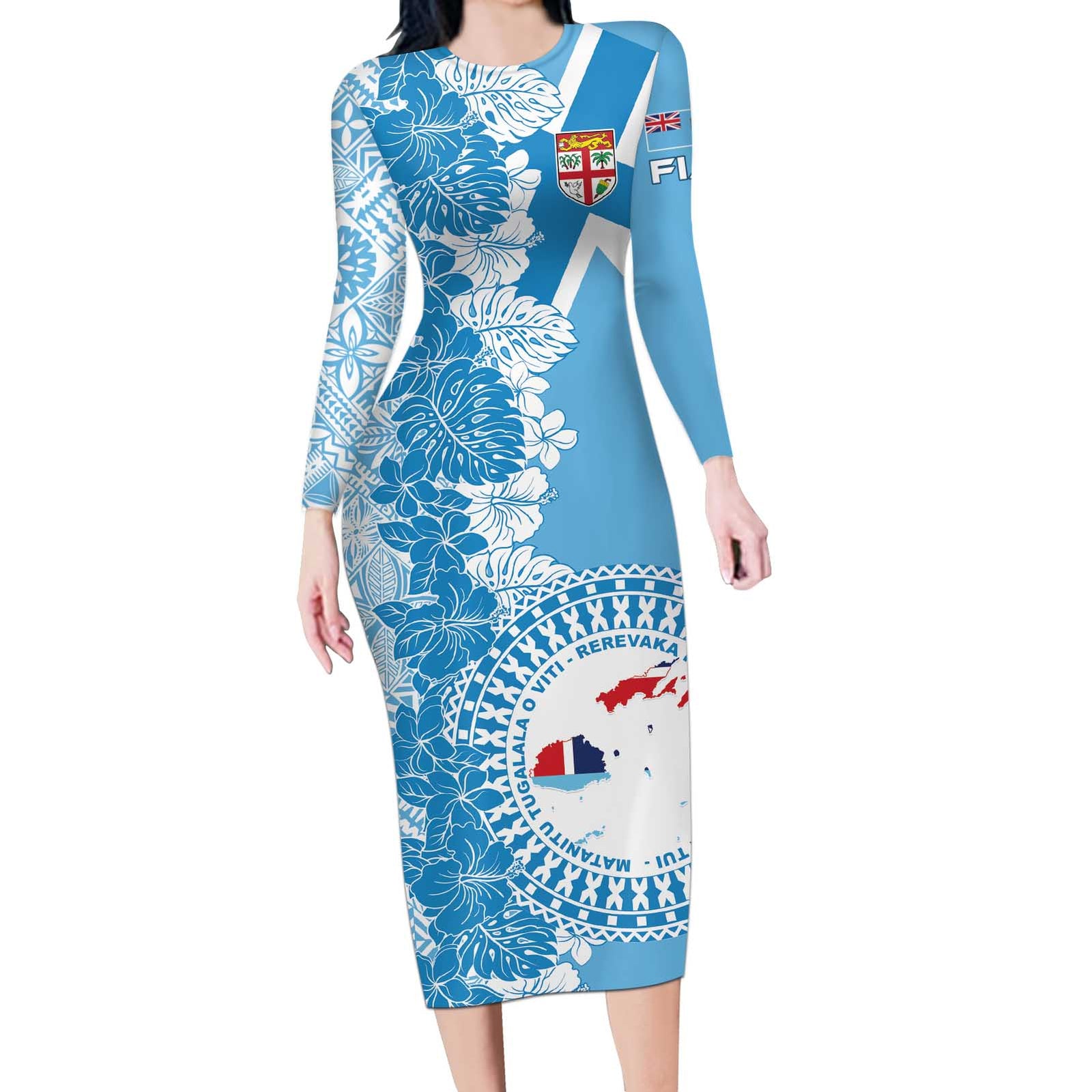 Personalised Fiji Day Long Sleeve Bodycon Dress Fijian Map Hibiscus Tapa Pattern LT01 Long Dress Blue - Polynesian Pride