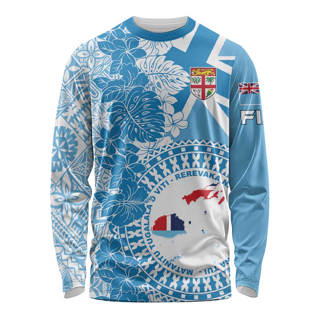 Personalised Fiji Day Long Sleeve Shirt Fijian Map Hibiscus Tapa Pattern LT01 Unisex Blue - Polynesian Pride