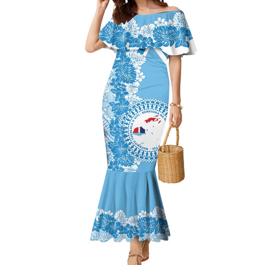 Personalised Fiji Day Mermaid Dress Fijian Map Hibiscus Tapa Pattern LT01 Women Blue - Polynesian Pride