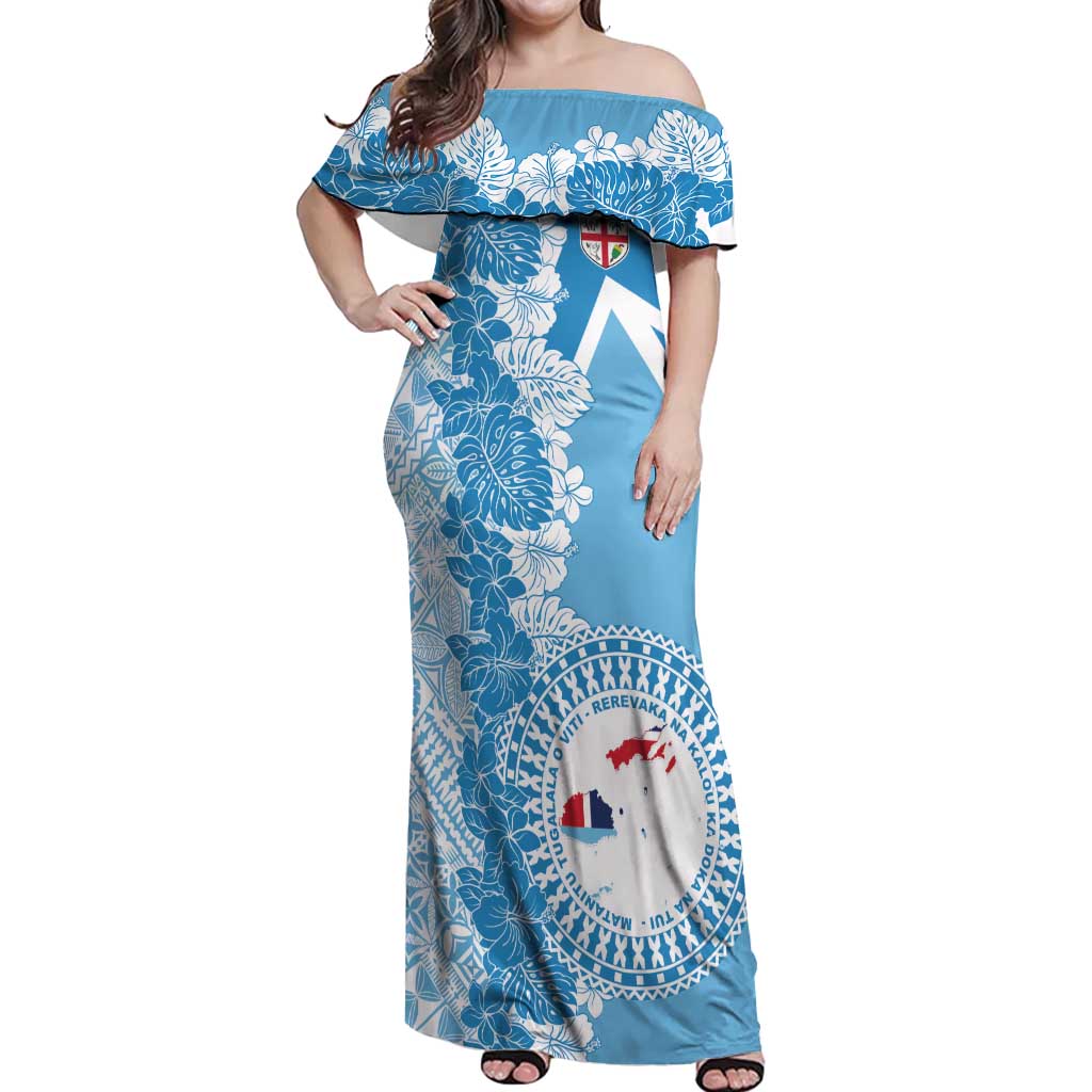 Personalised Fiji Day Off Shoulder Maxi Dress Fijian Map Hibiscus Tapa Pattern LT01 Women Blue - Polynesian Pride