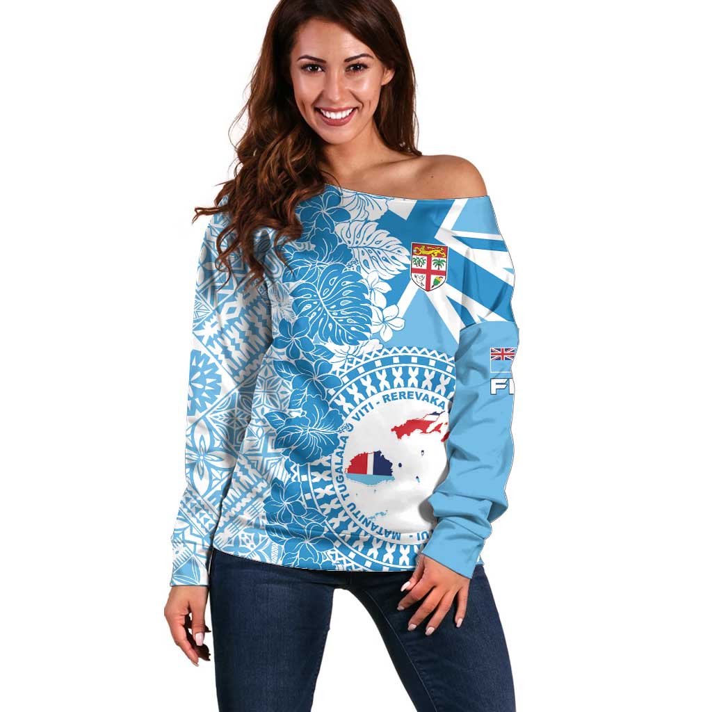 Personalised Fiji Day Off Shoulder Sweater Fijian Map Hibiscus Tapa Pattern LT01 Women Blue - Polynesian Pride