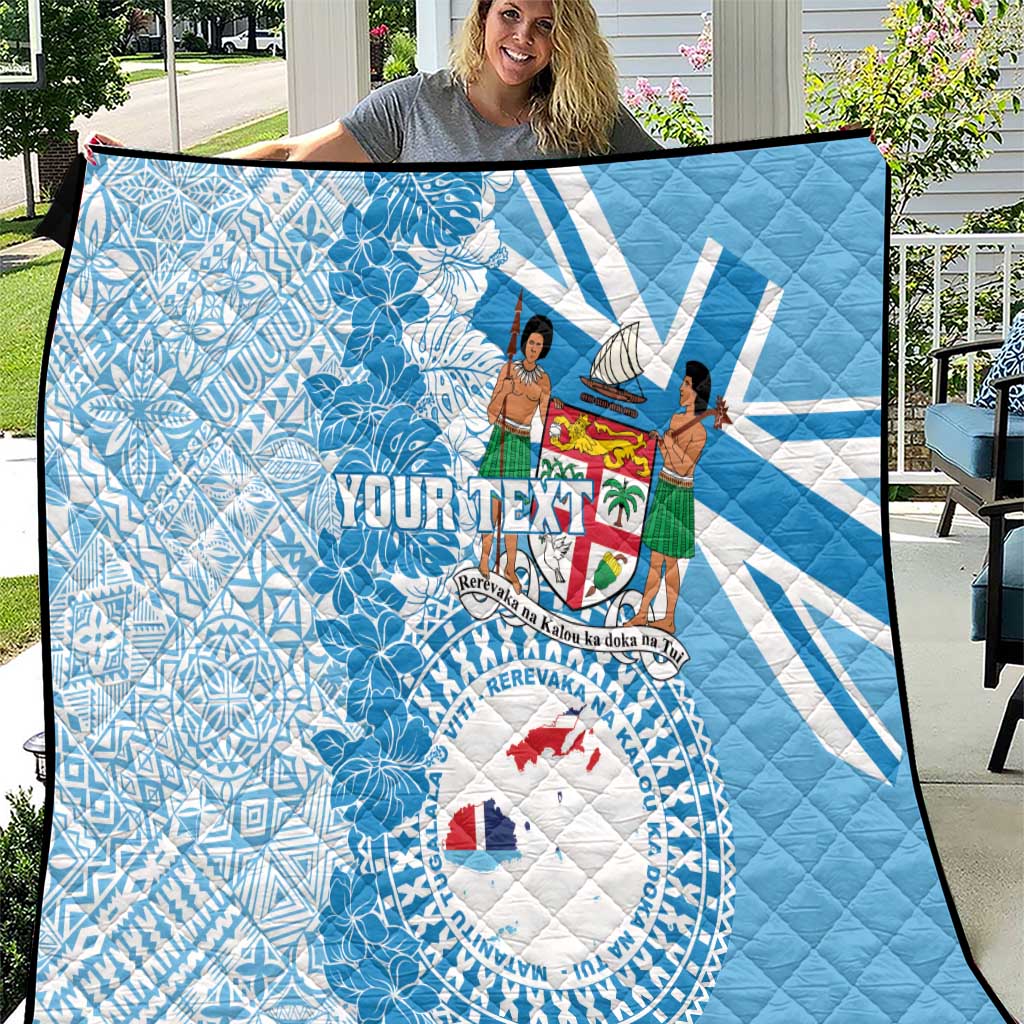 Personalised Fiji Day Quilt Fijian Map Hibiscus Tapa Pattern LT01 Blue - Polynesian Pride