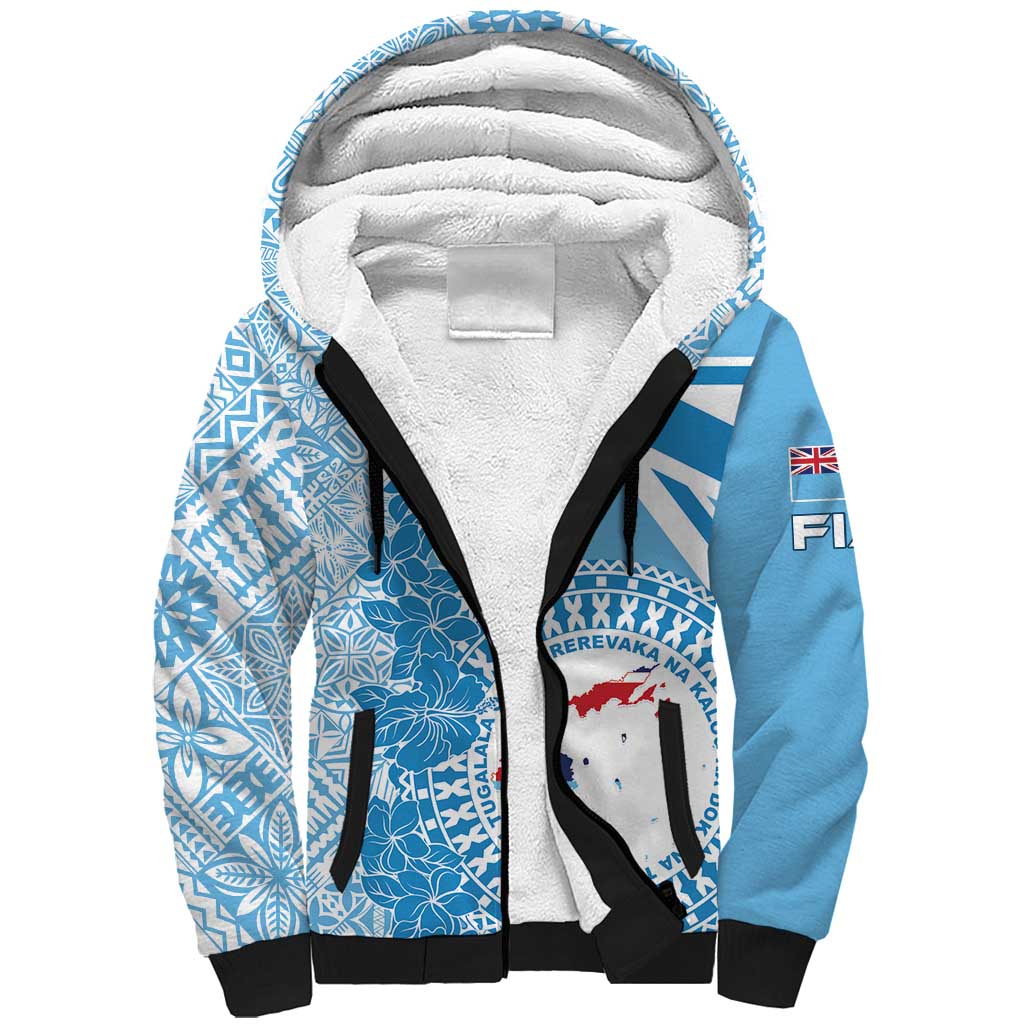Personalised Fiji Day Sherpa Hoodie Fijian Map Hibiscus Tapa Pattern LT01 Unisex Blue - Polynesian Pride