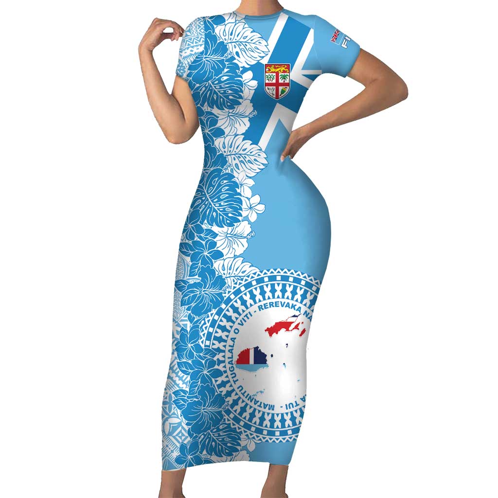 Personalised Fiji Day Short Sleeve Bodycon Dress Fijian Map Hibiscus Tapa Pattern LT01 Long Dress Blue - Polynesian Pride