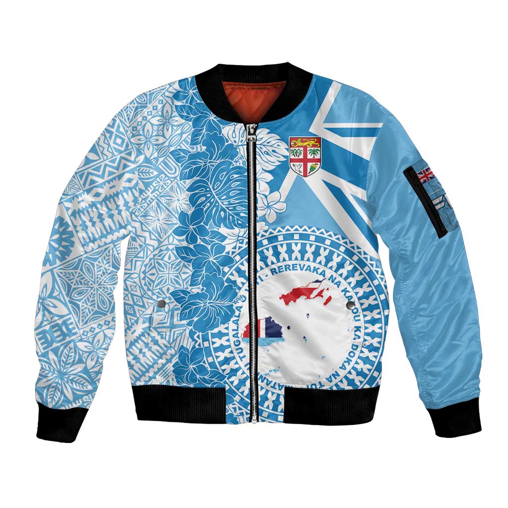 Personalised Fiji Day Sleeve Zip Bomber Jacket Fijian Map Hibiscus Tapa Pattern LT01 Unisex Blue - Polynesian Pride
