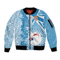 Personalised Fiji Day Sleeve Zip Bomber Jacket Fijian Map Hibiscus Tapa Pattern LT01 Unisex Blue - Polynesian Pride