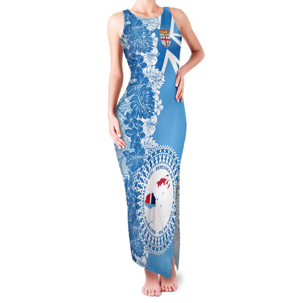 Personalised Fiji Day Tank Maxi Dress Fijian Map Hibiscus Tapa Pattern LT01 Women Blue - Polynesian Pride