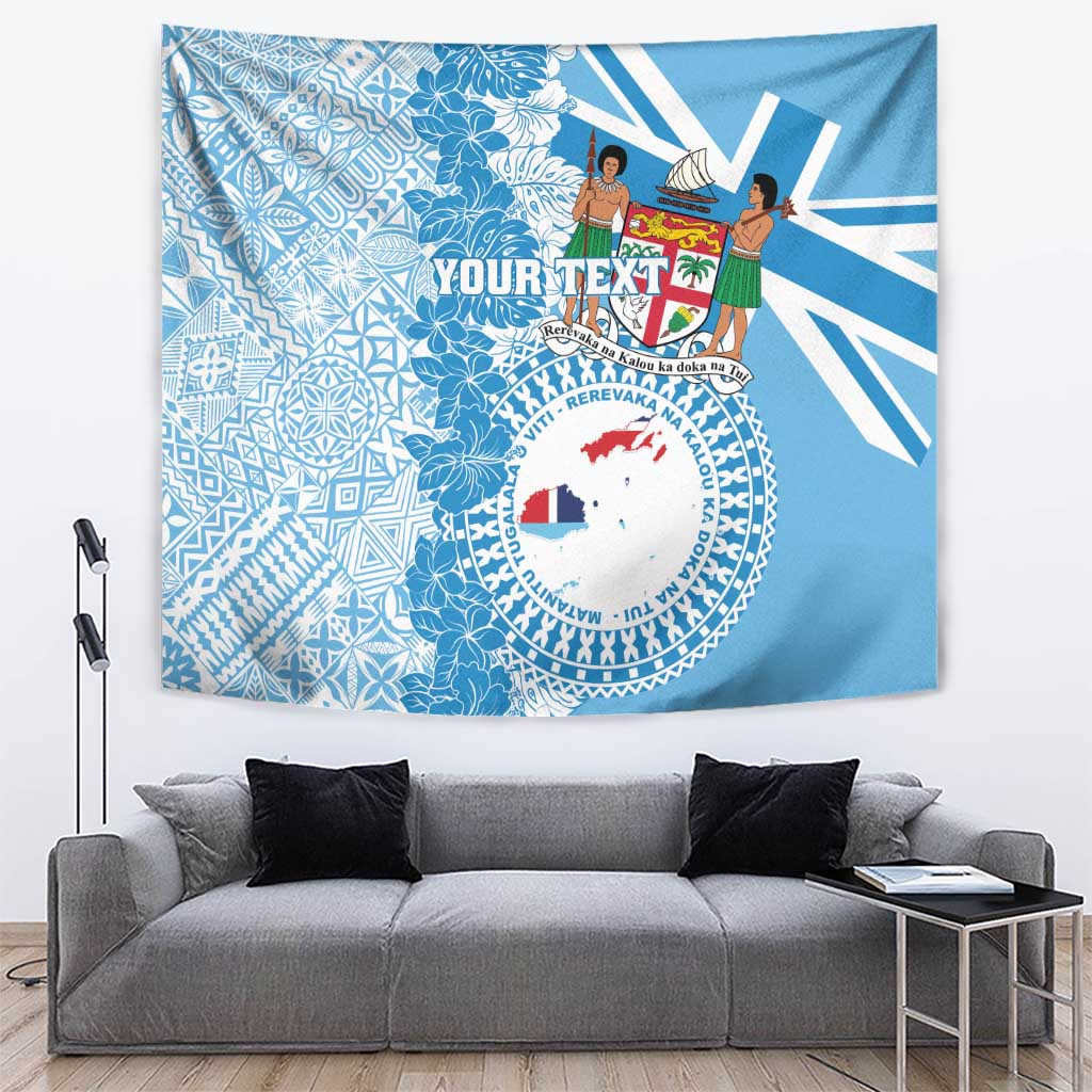 Personalised Fiji Day Tapestry Fijian Map Hibiscus Tapa Pattern LT01 Blue - Polynesian Pride