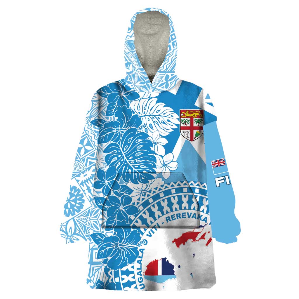 Personalised Fiji Day Wearable Blanket Hoodie Fijian Map Hibiscus Tapa Pattern LT01 One Size Blue - Polynesian Pride