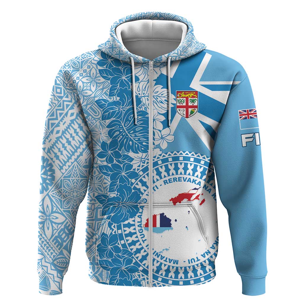 Personalised Fiji Day Zip Hoodie Fijian Map Hibiscus Tapa Pattern LT01 Zip Hoodie Blue - Polynesian Pride