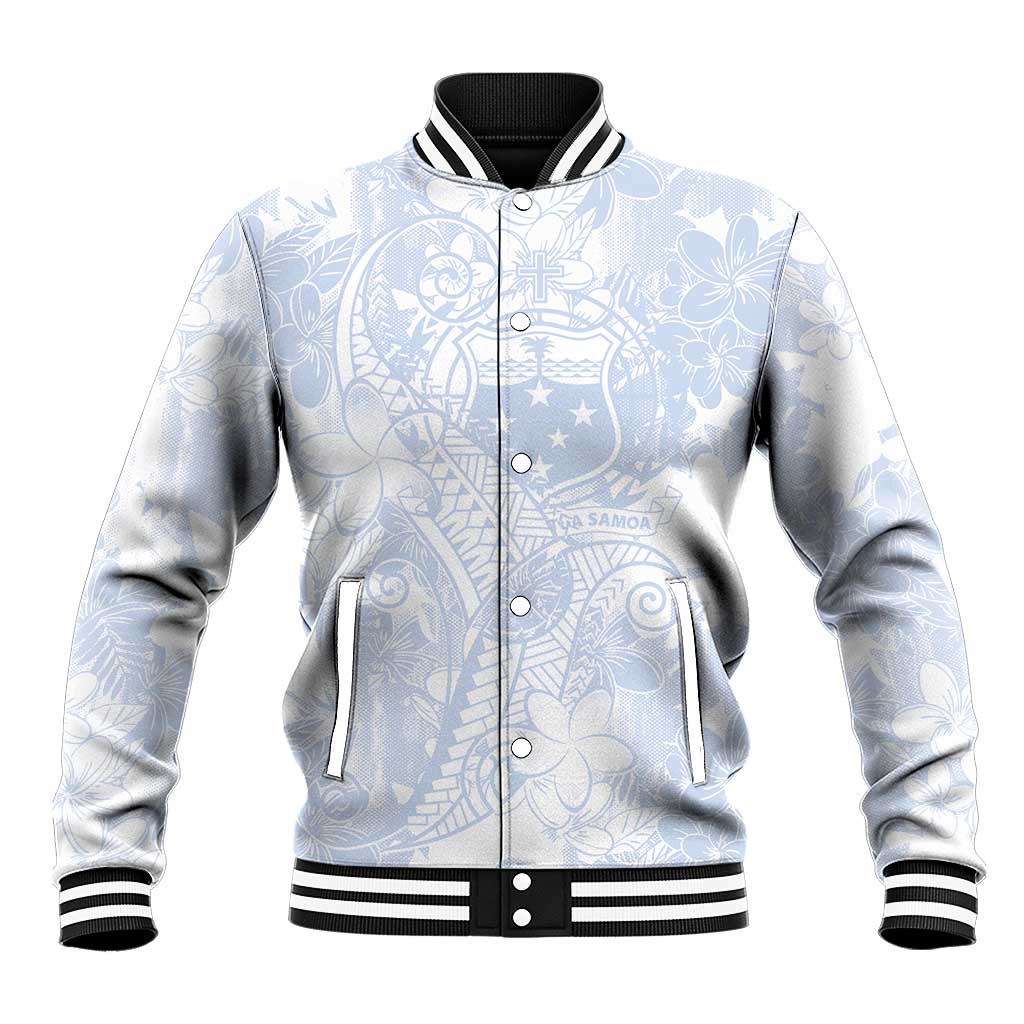 Samoa White Sunday Baseball Jacket Plumeria Floral LT01 Unisex White - Polynesian Pride