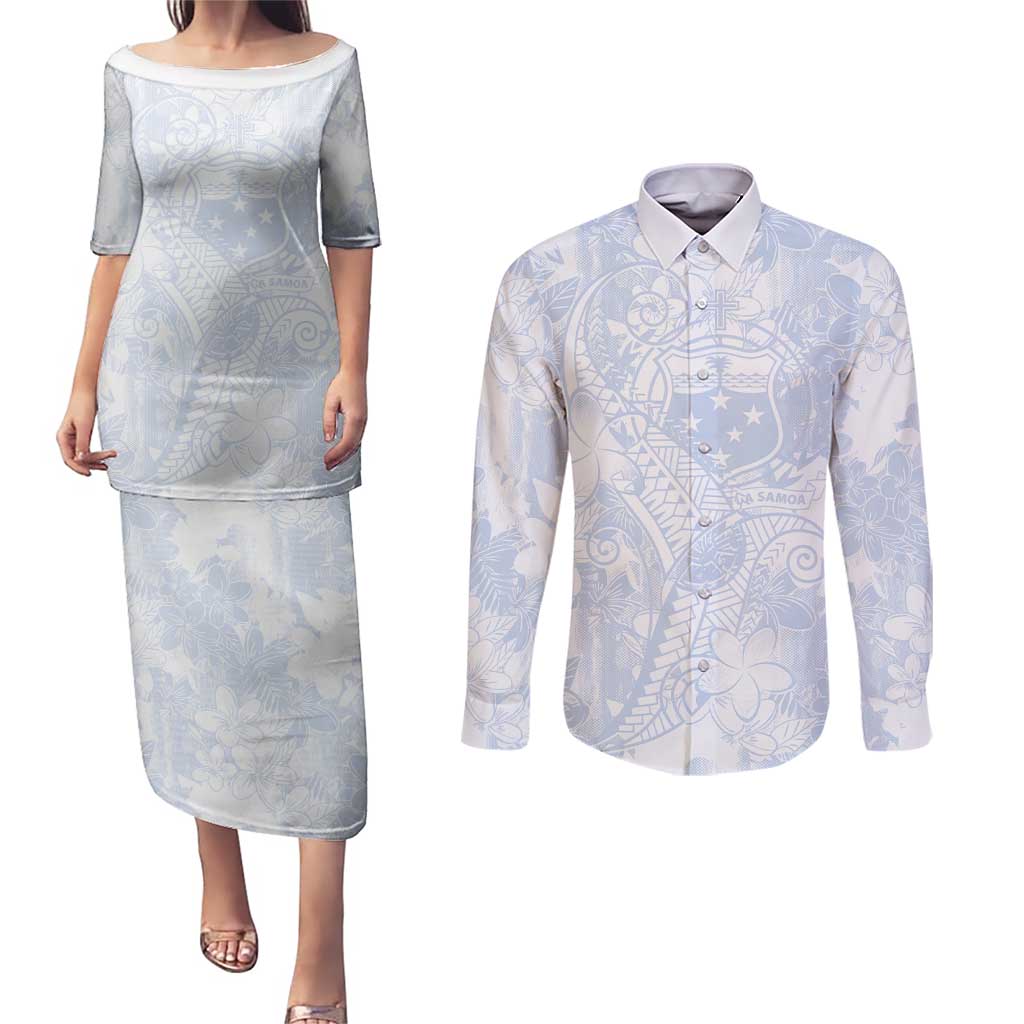 Samoa White Sunday Couples Matching Puletasi and Long Sleeve Button Shirt Plumeria Floral LT01 White - Polynesian Pride