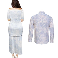 Samoa White Sunday Couples Matching Puletasi and Long Sleeve Button Shirt Plumeria Floral LT01 - Polynesian Pride
