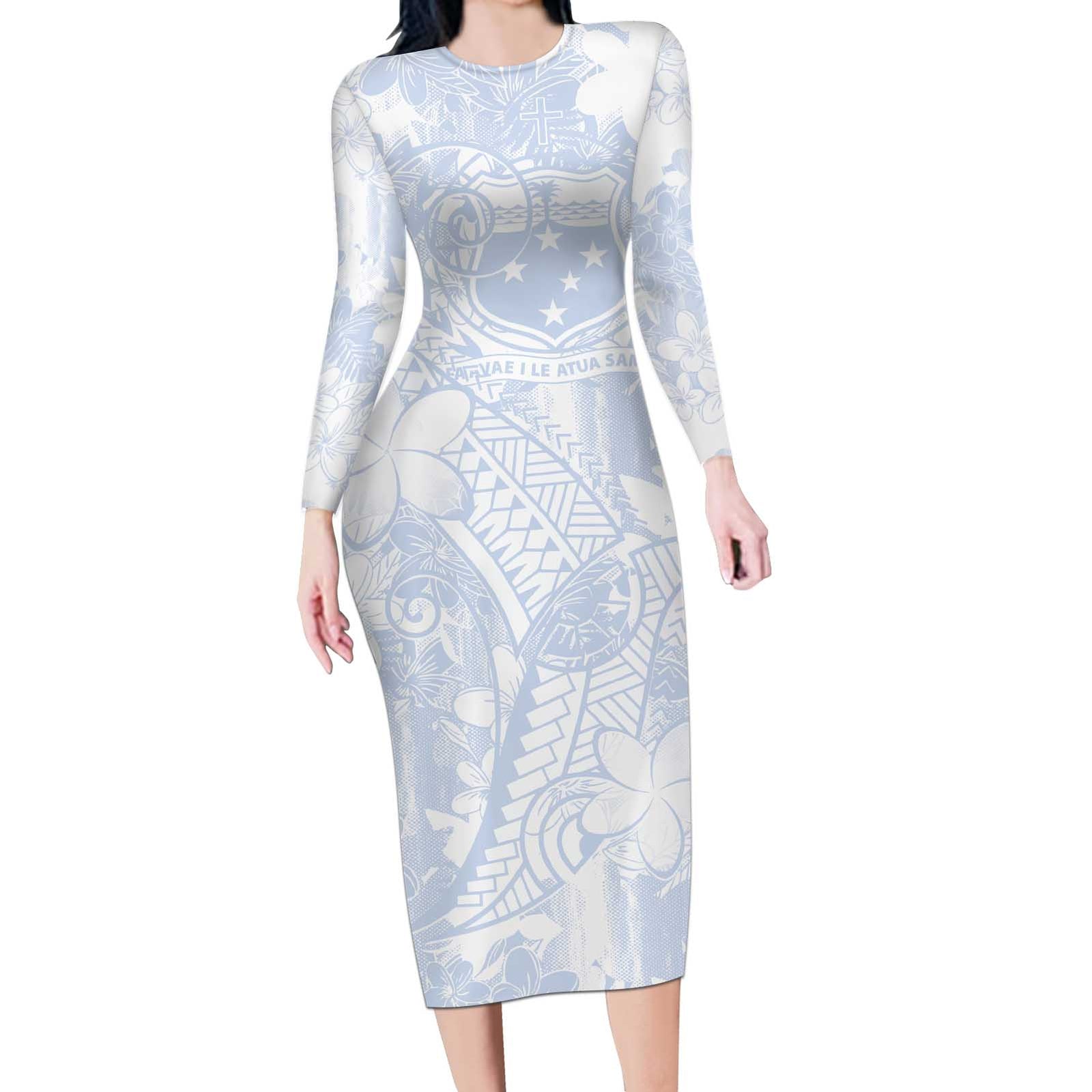 Samoa White Sunday Long Sleeve Bodycon Dress Plumeria Floral LT01 Long Dress White - Polynesian Pride