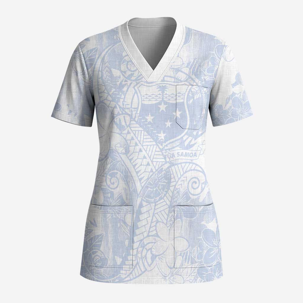 Samoa White Sunday Scrub Top Plumeria Floral LT01 Adult White - Polynesian Pride