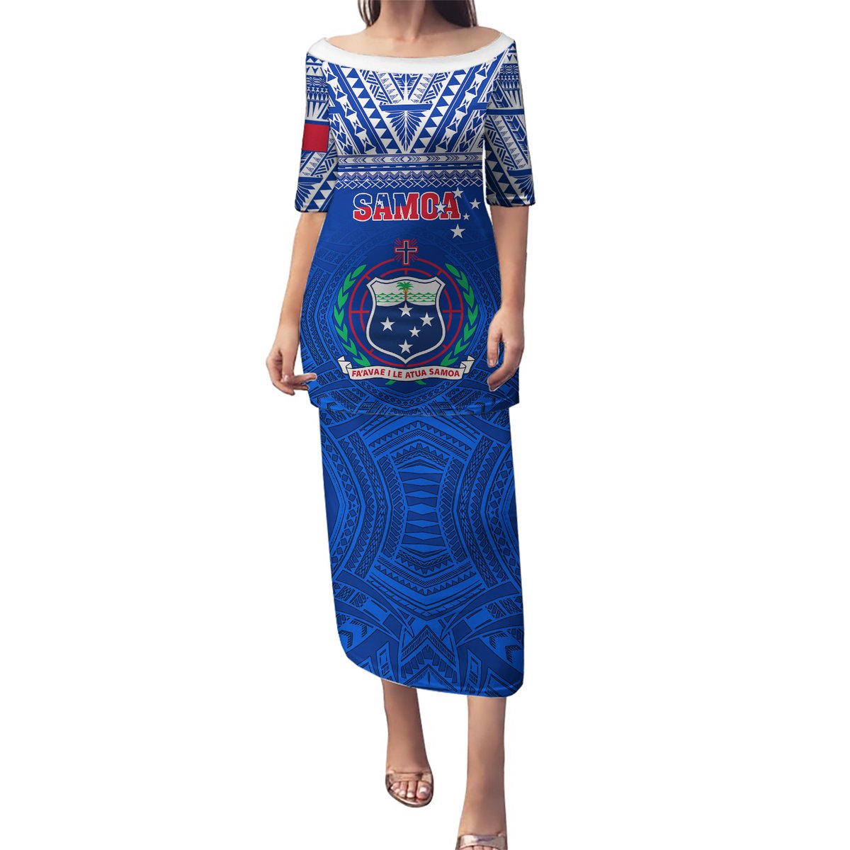 Custom Samoa Rugby Puletasi Manu Samoa Polynesian Tatoo Pattern LT01 Long Dress Blue - Polynesian Pride