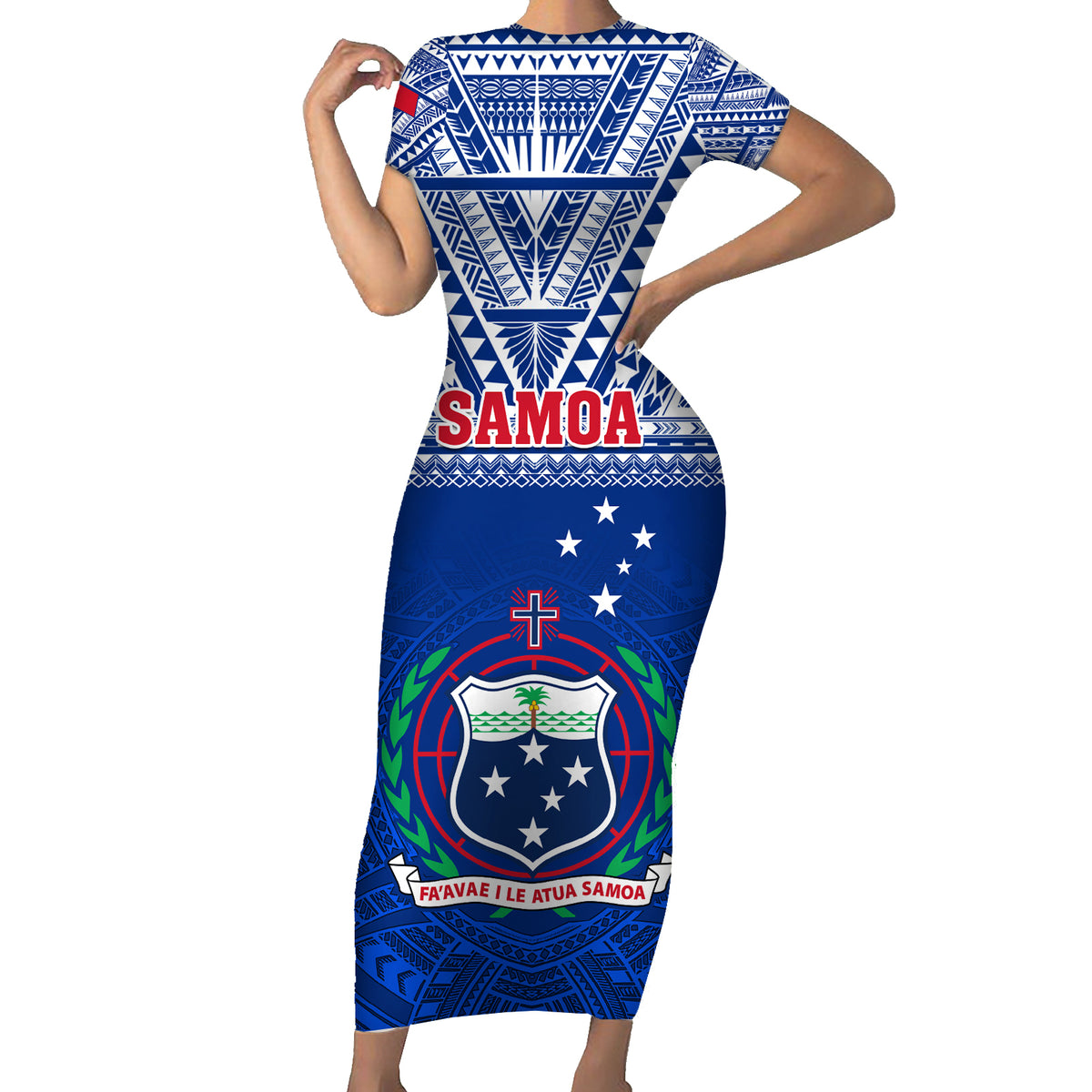 Custom Samoa Rugby Short Sleeve Bodycon Dress Manu Samoa Polynesian Tatoo Pattern LT01 Long Dress Blue - Polynesian Pride