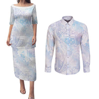 Samoa White Sunday Couples Matching Puletasi and Long Sleeve Button Shirt Sweet Pastel Plumeria Floral LT01 White - Polynesian Pride