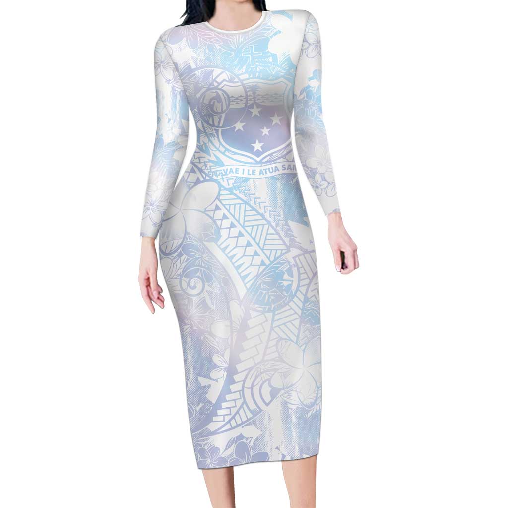 Samoa White Sunday Long Sleeve Bodycon Dress Sweet Pastel Plumeria Floral LT01 Long Dress White - Polynesian Pride