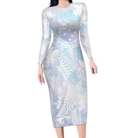 Samoa White Sunday Long Sleeve Bodycon Dress Sweet Pastel Plumeria Floral LT01 Long Dress White - Polynesian Pride