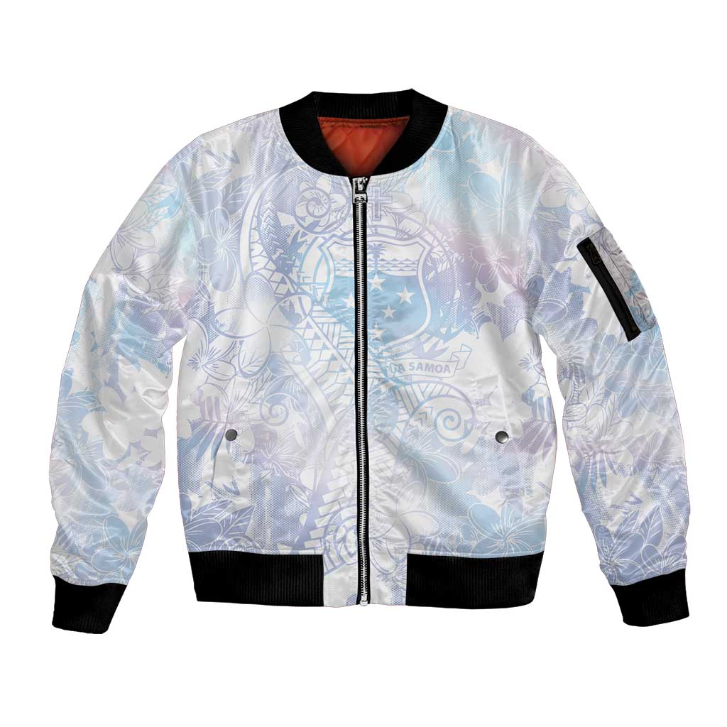 Samoa White Sunday Sleeve Zip Bomber Jacket Sweet Pastel Plumeria Floral LT01 Unisex White - Polynesian Pride