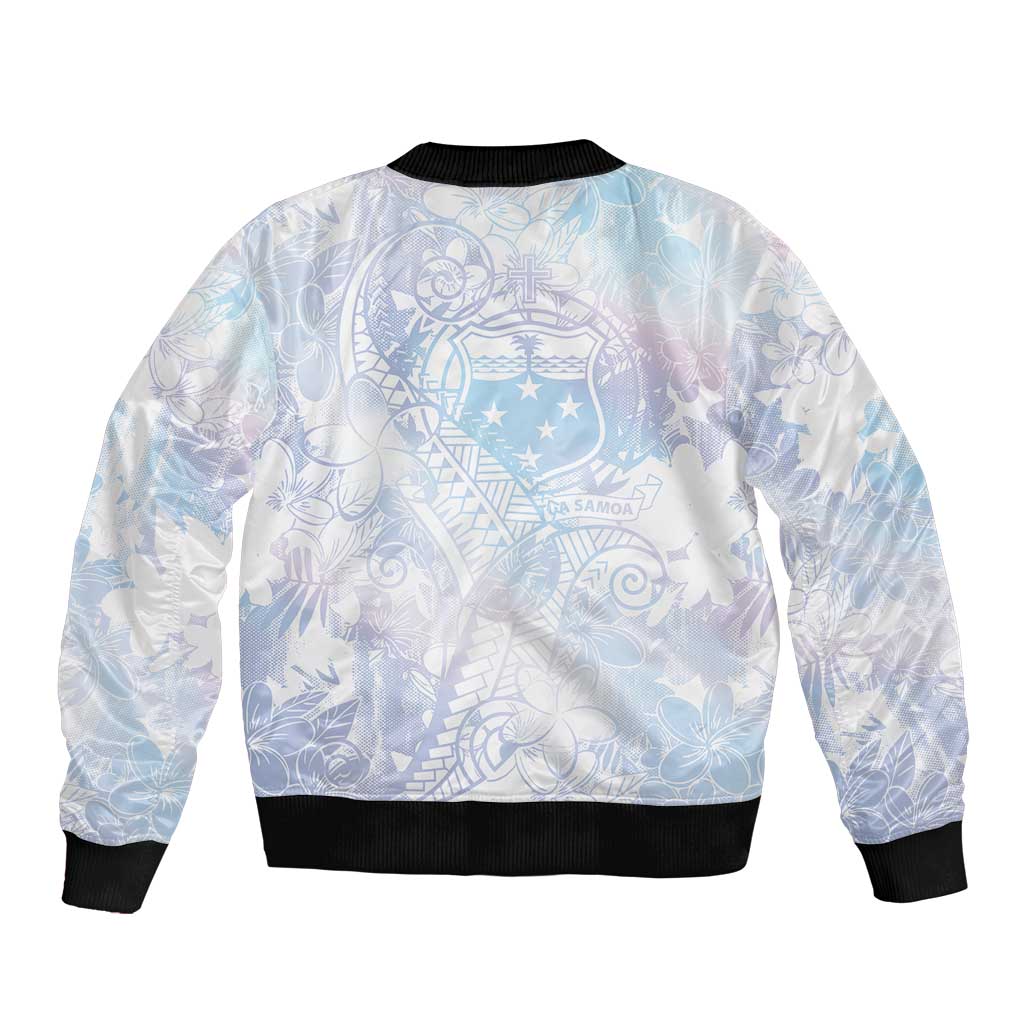 Samoa White Sunday Sleeve Zip Bomber Jacket Sweet Pastel Plumeria Floral LT01 - Polynesian Pride