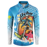 Personalized Aloha Hawaii Skeleton Surfing Button Sweatshirt Tribal Shark Plumeria LT01 Blue - Polynesian Pride