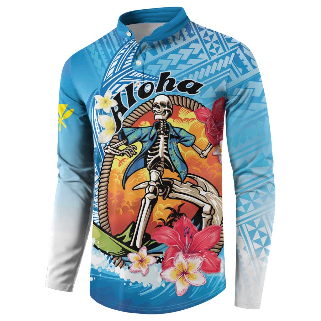 Personalized Aloha Hawaii Skeleton Surfing Button Sweatshirt Tribal Shark Plumeria LT01 - Polynesian Pride