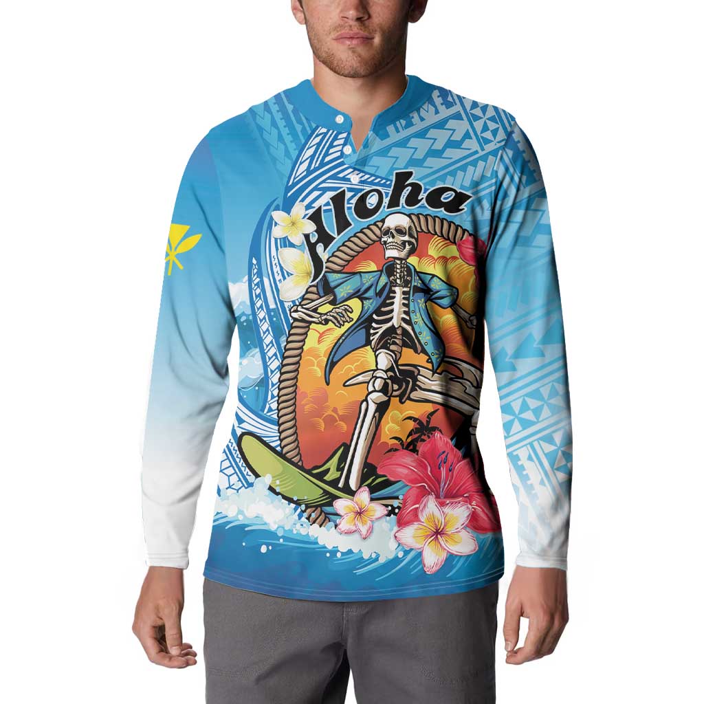 Personalized Aloha Hawaii Skeleton Surfing Button Sweatshirt Tribal Shark Plumeria LT01 - Polynesian Pride
