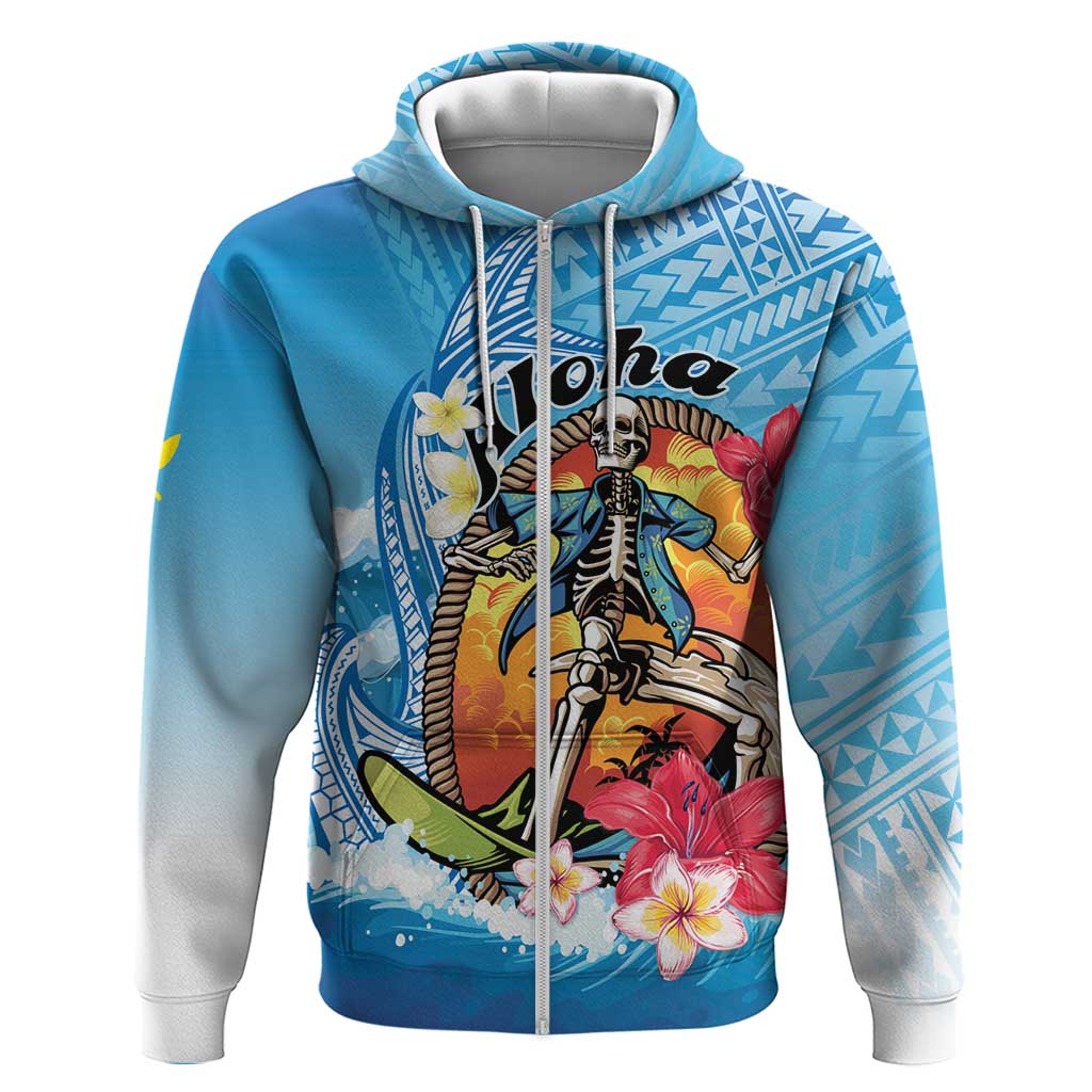 Personalized Aloha Hawaii Skeleton Surfing Hoodie Tribal Shark Plumeria LT01 Zip Hoodie Blue - Polynesian Pride