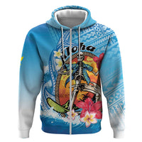 Personalized Aloha Hawaii Skeleton Surfing Hoodie Tribal Shark Plumeria LT01 Zip Hoodie Blue - Polynesian Pride
